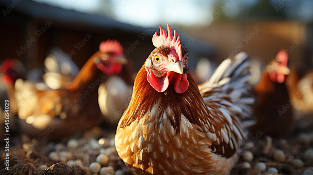 A Flock of Chickens in a Rustic Farmyard Pecking at a Pile of Lobster Shells Selective Focus