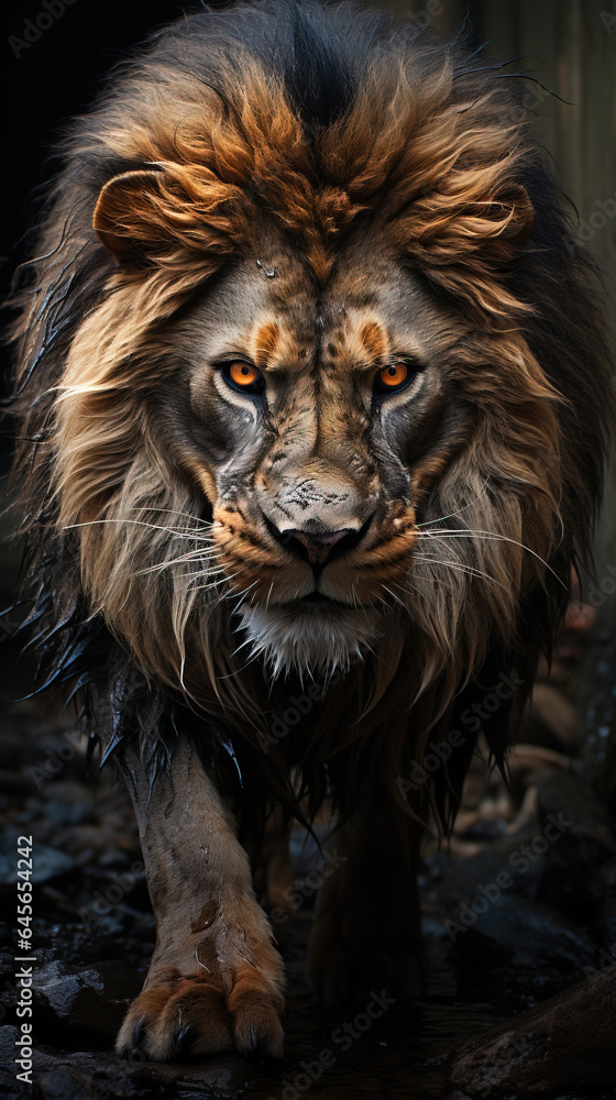 A Big Fierce Male Lion Face Walking in Forest and Looking At Camera Selective Focus