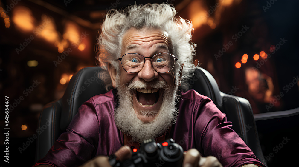 Cheerful senior man playing video games sitting in a chair at home