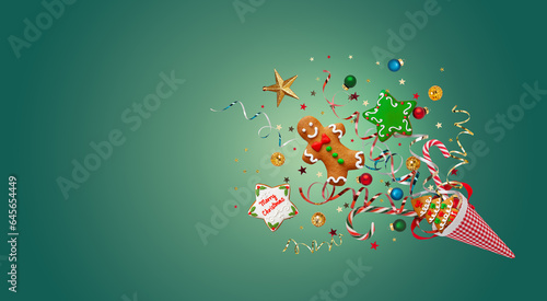 New Year and Christmas concept with Christmas cookies, festive winter decorations and confetti on teal background. Holiday banner.