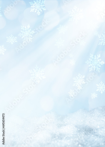 Winter blurred background with snowdrifts  sun rays and snowflakes. Abstract Winter scene.