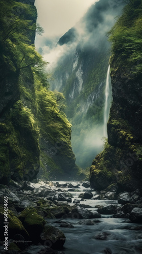 Beautiful Mountains and Waterfalls in Dark Foggy Forest