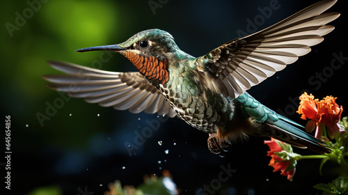 Exotic Colorful Colibri Humming Bird Mid Flight on a Flower Tree Selective Focus