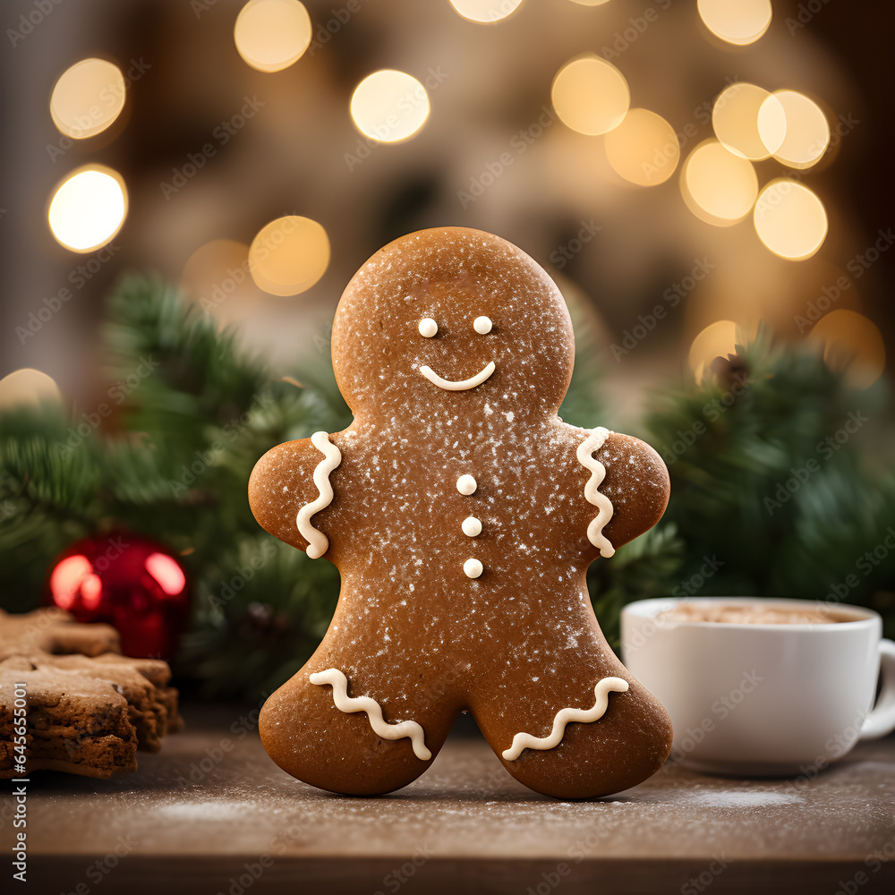 Gingerbread man, christmas cookie on table.