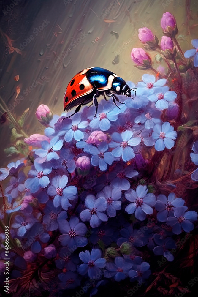Fototapeta premium Ladybug sitting on top of a small delicate purple lilac flowers. Generative AI