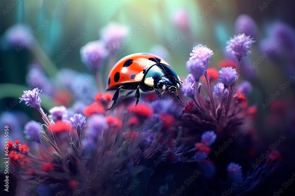 Fototapeta premium Ladybug sitting on top of a small delicate purple lilac flowers. Generative AI