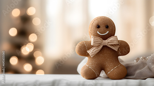 Cute gingerbread man on christmas background. photo