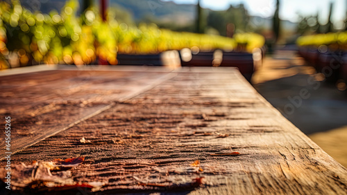 Aged wooden table with rough and weathered texture on blurred vineyard background