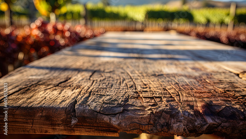 Aged wooden table with rough and weathered texture on blurred vineyard background