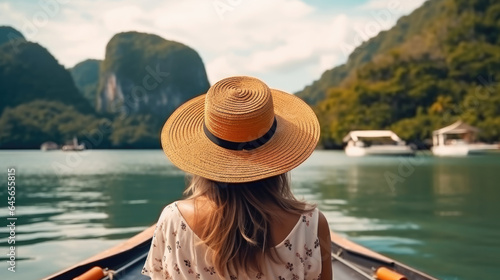 Back view of the young woman in straw hat relaxing on the boat and looking forward into lagoon. Travelling tour in Asia: El Nido, Palawan, Philippines.