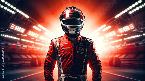 Motor sport driver with helmet on his head and racing circuit on background. Postproducted generative AI illustration.