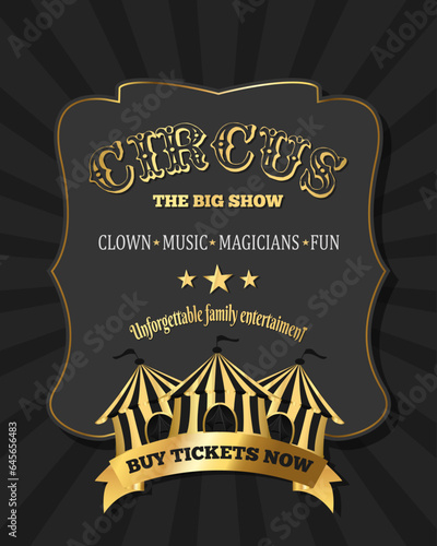 Circus. Carnival, golden poster with elephant,luxury.Vintage.Kid Birthday Party Invite. Carnival festival sign amusement Circus Background.	