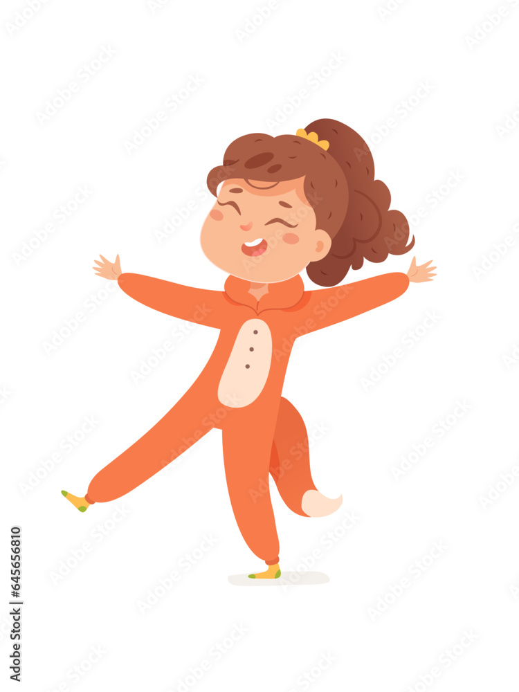 Cute girl in fox costume, kid in funny carnival kigurumi dancing at pajama party Cute girl in fox costume, kid in funny carnival kigurumi dancing at pajama party