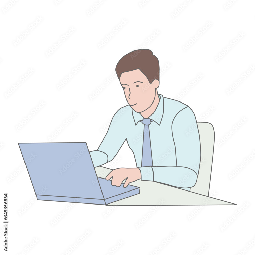 Office worker working on laptop, portrait of businessman character sitting at table Office worker working on laptop, portrait of businessman character sitting at table