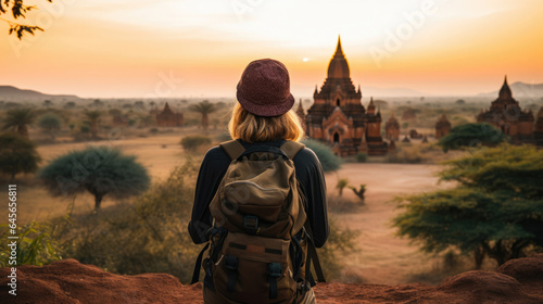 Female traveler photographing temples at Bagan Myanmar Asia at sunrise © Sasint