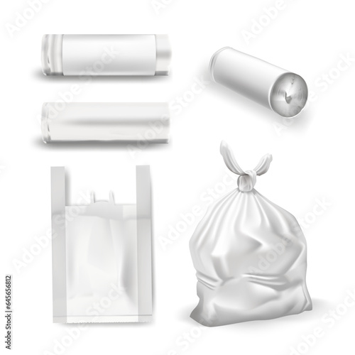 White plastic bags for trash, garbage and rubbish. Transparent trash bag realistic set with wrapped pack of sacks on white background vector illustration