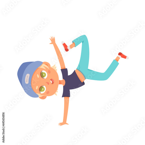 Hip hop or breakdance dancer kid vector illustration. Cartoon isolated cute active boy dancing fun street dance with jumps and movements, hiphop handstand activity of talent little happy child