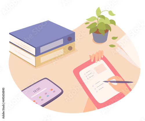 Survey or to do list making, top view on hand holding pen to write checklist, notes