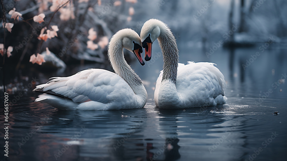 Fototapeta premium Two White Swans Swimming on Lake Their Necks Form a Heart Snowy Winter Day