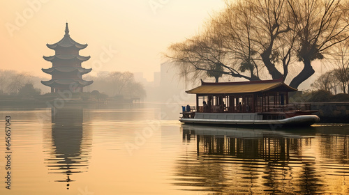 Yellow Crane Tower Floating in The Small Water Lake Under The Foggy Sky Chinese Theme
