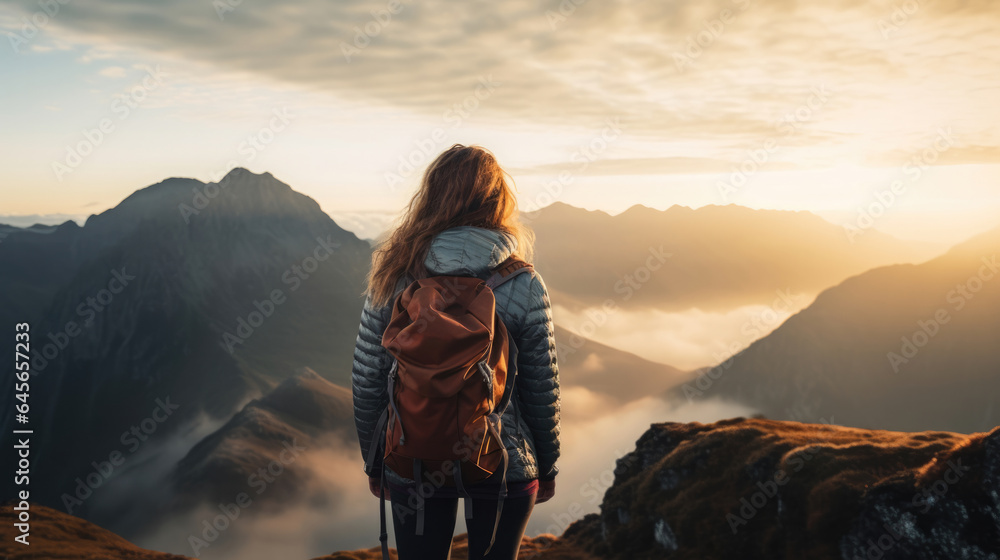 Hipster young girl with backpack enjoying sunset on peak of foggy mountain. Tourist traveler on background view mockup. Hiker looking sunlight in trip in Spain country, mock up text. Picos de Europa - obrazy, fototapety, plakaty 