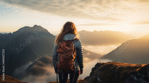 Hipster young girl with backpack enjoying sunset on peak of foggy mountain. Tourist traveler on background view mockup. Hiker looking sunlight in trip in Spain country, mock up text. Picos de Europa