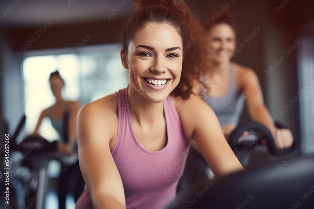 Happy caucasian woman on stationary exercise bike at the gym