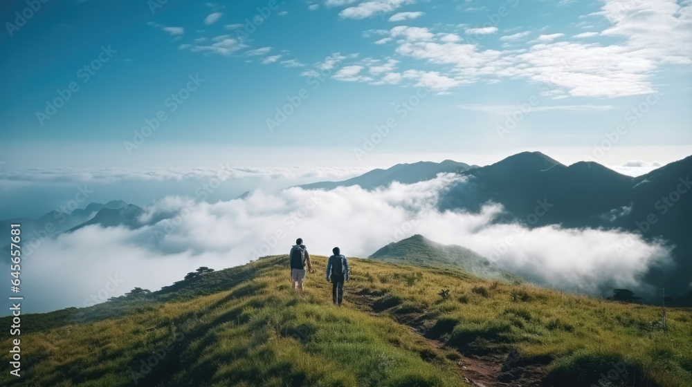 People or traveler walk on the Mountain hill with grass field with sea of fog or white clouds