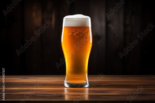 Glass of beer on wooden board and blurred bar background.Free space for your decoration.