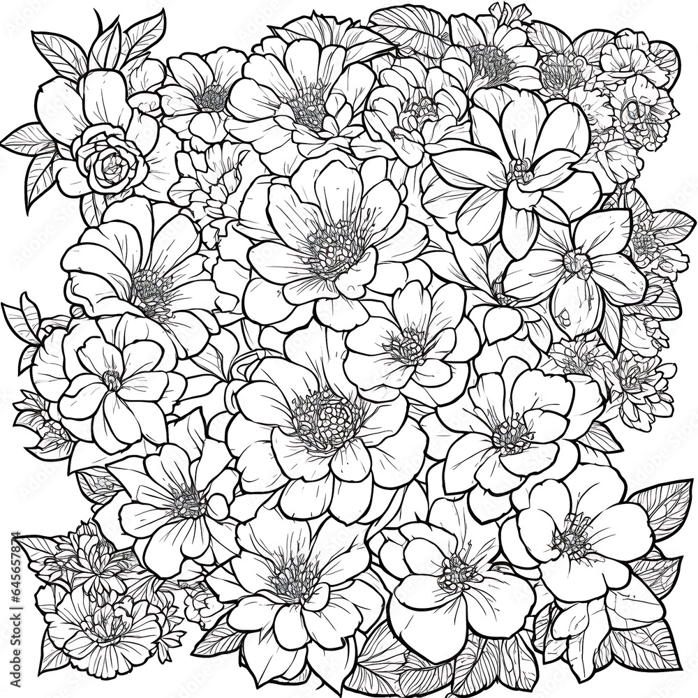 line art vector style seamless floral black and white background
