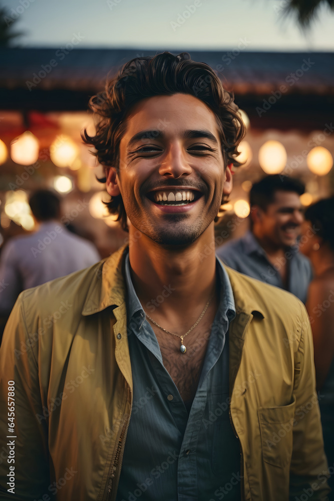 Fototapeta premium Attractive man laughs at friend while talking, enjoying sundowner drinks wine casual party, smirking. Image created using artificial intelligence.