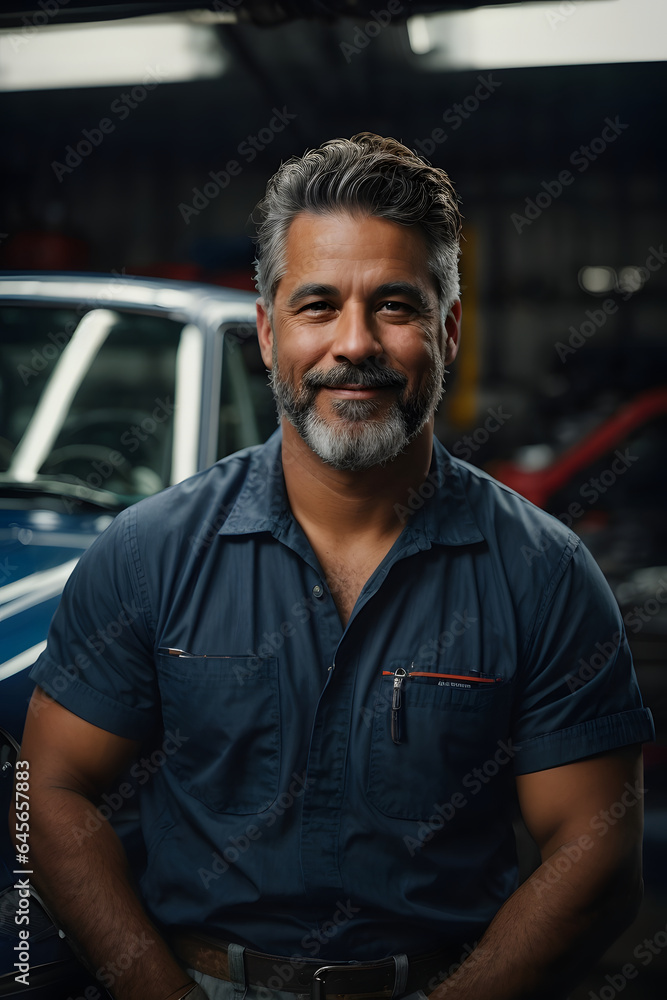 Portrait of a skilled car mechanic leaning on a vehicle in a garage, exuding pride and expertise in blue-collar craftsmanship, smirking. Image created using artificial intelligence. Portrait of a skilled car mechanic leaning on a vehicle in a garage, exuding pride and expertise in blue-collar craftsmanship, smirking. Image created using artificial intelligence.