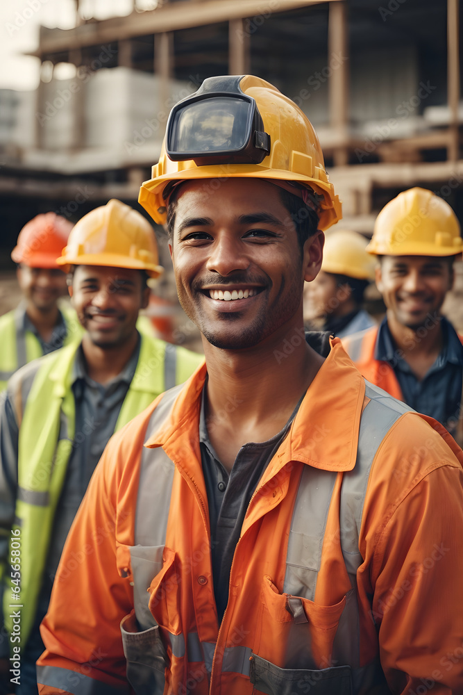 Happy of team construction worker working at construction site. Smiling construction worker in hard hat in group with a smile. Image created using artificial intelligence. Happy of team construction worker working at construction site. Smiling construction worker in hard hat in group with a smile. Image created using artificial intelligence.
