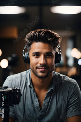 Male influencer or content creator recording a video podcast or YouTube video. Image created using artificial intelligence.