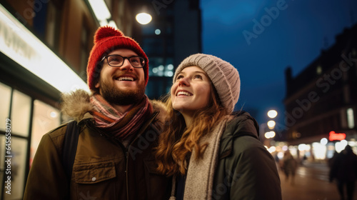 Positive young Couple in warm clothes and eyeglasses smiling while looking up at lanterns and admiring London city street at night