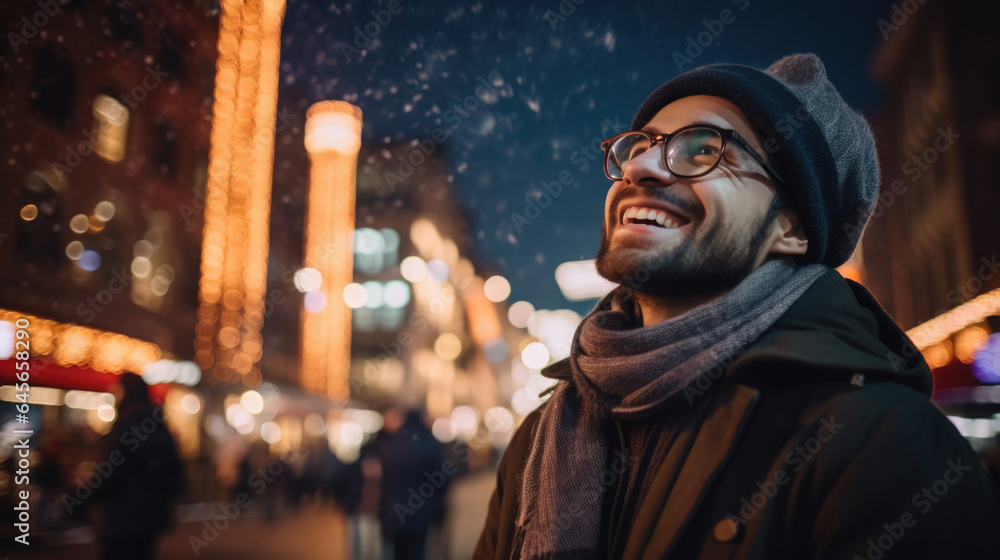 Positive young male in warm clothes and eyeglasses smiling while looking up at lanterns and admiring London city street at night