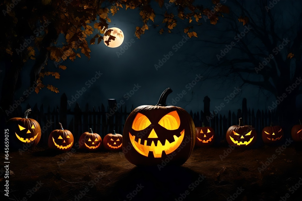 Fototapeta premium pumpkin-shaped Halloween light on wooden A zombie comes from a graveyard on a spooky, dark night with a full moon and bats on tree.