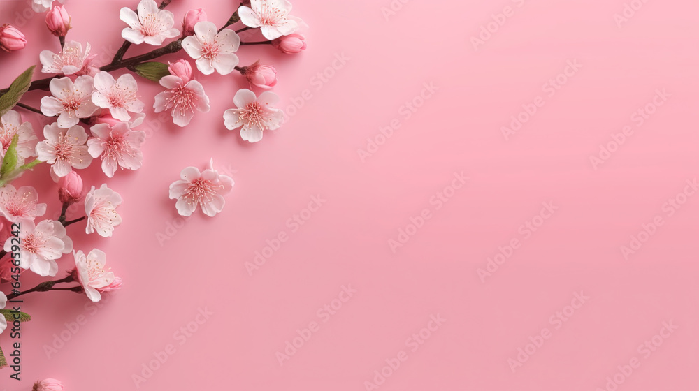 Many Small Beautiful White Flower Blossoms on Pink Pastel Background with Copy Space