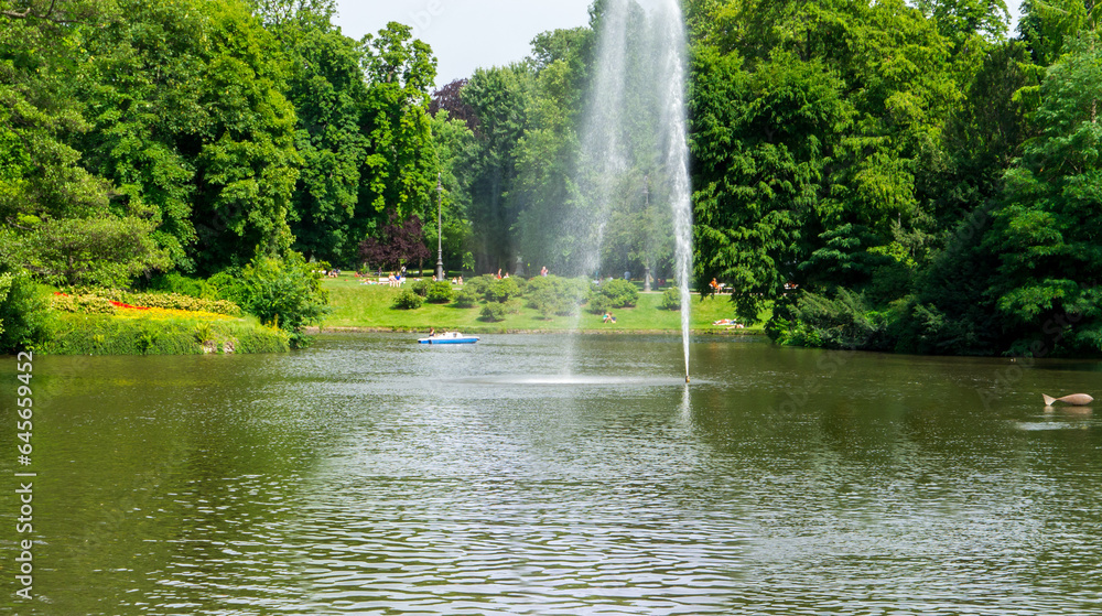 Summer scenery in park at lake with fountain, green grees and grass
