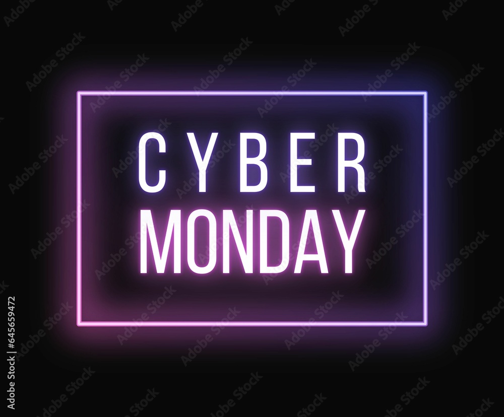Cyber monday neon web banner purple and pink glowing text on black background Cyber monday neon web banner purple and pink glowing text on black background