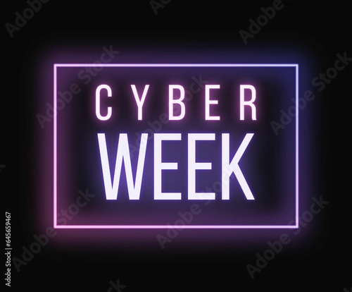 Cyber week banner, pink and purple neon text with neon frame on black background, for website, social media, newsletter, email marketing, black friday offer, discount, sale, promotion photo