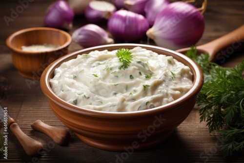 A bowl of creamy sauce with a sprig of dill on a wooden table.