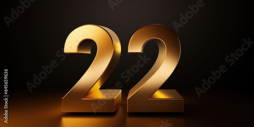 A 3D, shiny gold number 22 on a dark background.