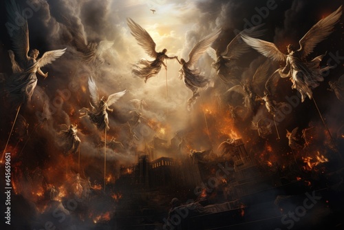 Fototapete A dramatic battle between angels and demons in a fiery cityscape, with a dark and cloudy sky