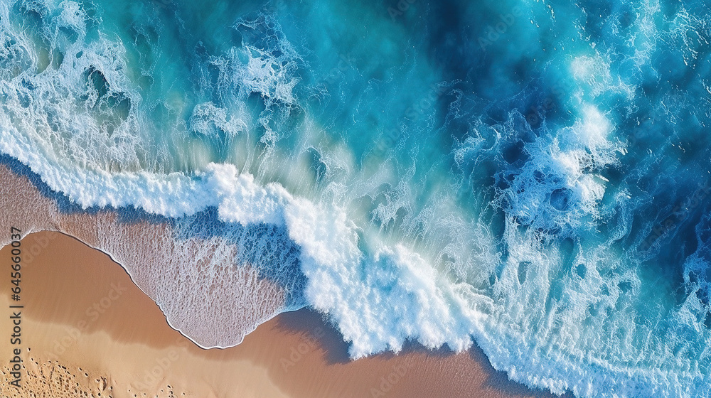 Top View of Yellow Sand Beach Seashore Surrounded by Crystal-Clear Turquoise Waves - obrazy, fototapety, plakaty 