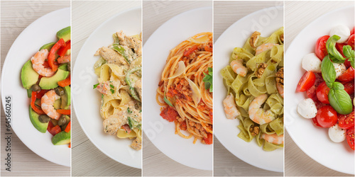 Collage of various plates of food Italian cuisine on a white wooden table. Top view.