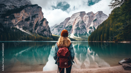Fototapeta Naklejka Na Ścianę i Meble -  Travel hiker taking photo of Lake Braies (Lago di Braies) in Dolomites Mountains, Italy. Hiking travel and adventure.