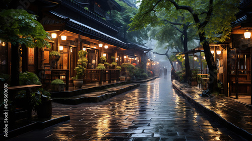 Traditional Chinese Shops and Soaked Path With Rain in Small Village
