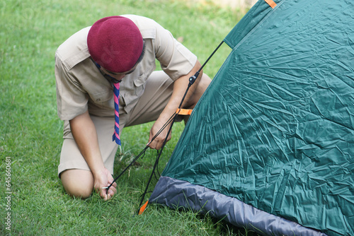 Quadro em tela Thai boy scout is setting up the tent at campsite for camping outdoor