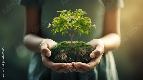 World environment day concept, Girl hands holding hearth shape of tree blurred nature. Generative Ai